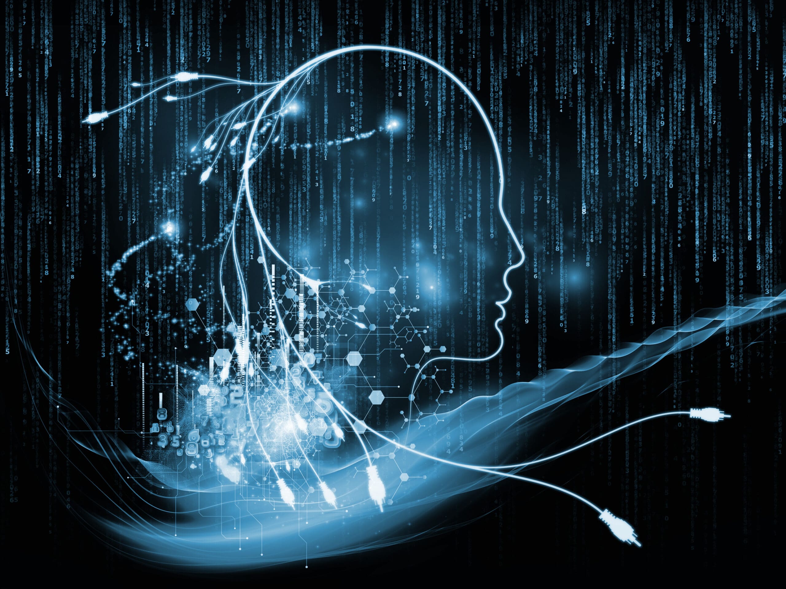 An image of a woman's head with an illuminated AI brain.