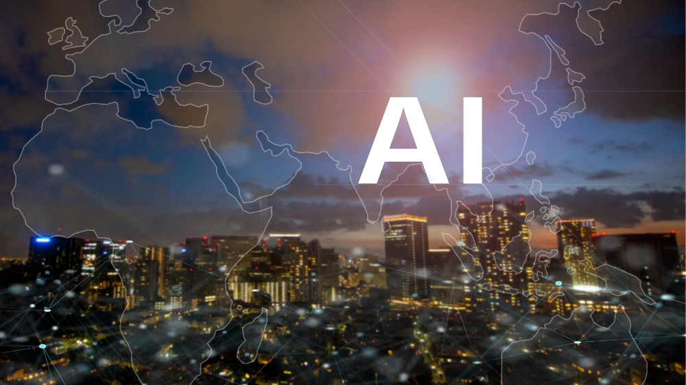 Small Business Automation implemented in a cityscape with the word ai over it.