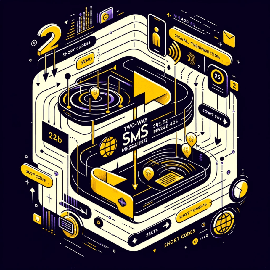 An illustration of a mobile phone featuring 2-way SMS messaging capability with a yellow and black background.