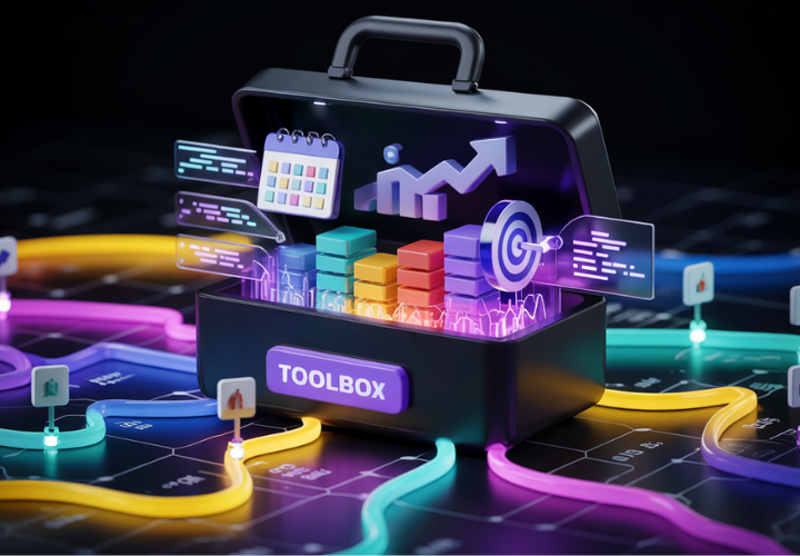 A digital toolbox with charts, graphs, and icons representing AI and automation for local business growth, surrounded by colorful interconnected pathways on a black background.