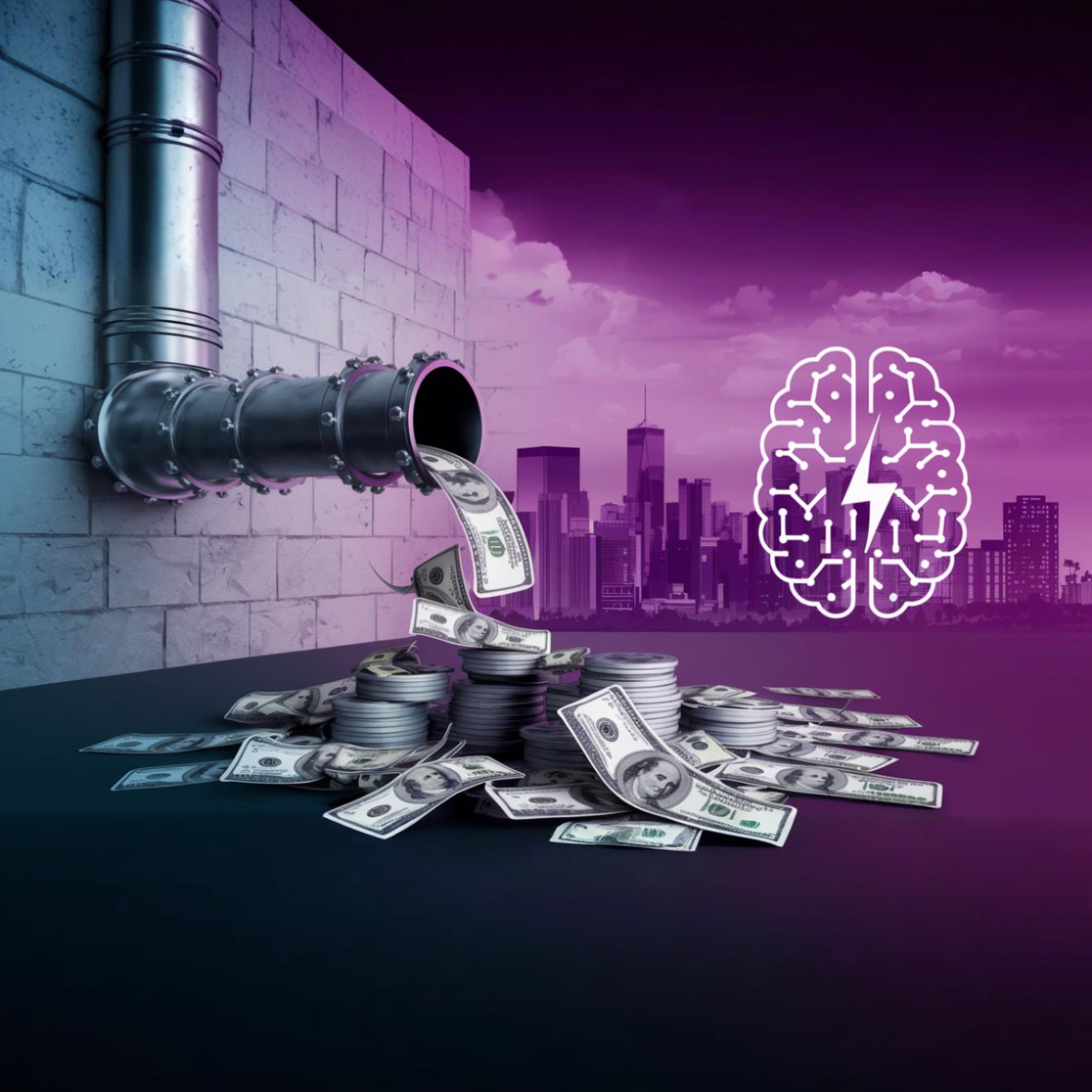 A large pipe pours out stacks and bundles of US dollar bills onto a table, with a glowing brain icon and a city skyline in the background.