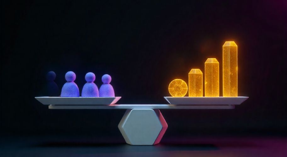 A balanced scale shows four blue human figures on the left and four glowing yellow geometric shapes resembling bars and a disc on the right, symbolizing modern lead reactivation methods against a dark background.