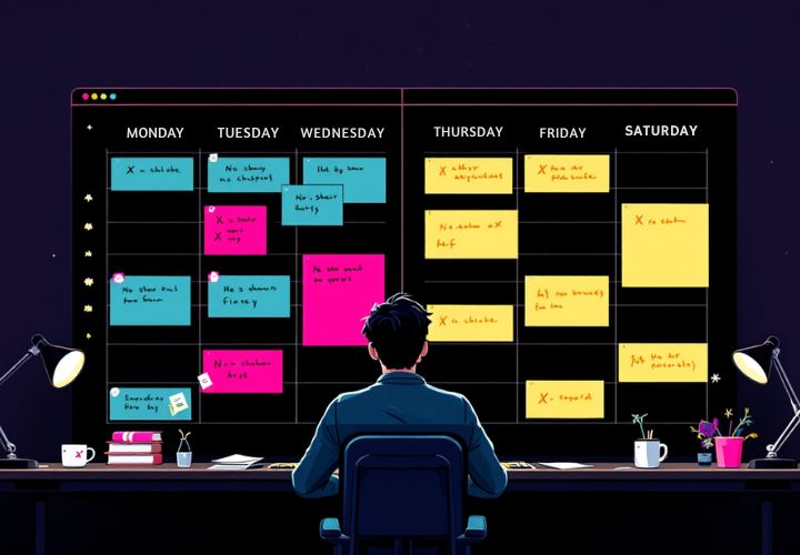 A person sits at a desk facing a large screen displaying a colorful weekly schedule, with tasks and notes for each day focused on reducing appointment no-shows.