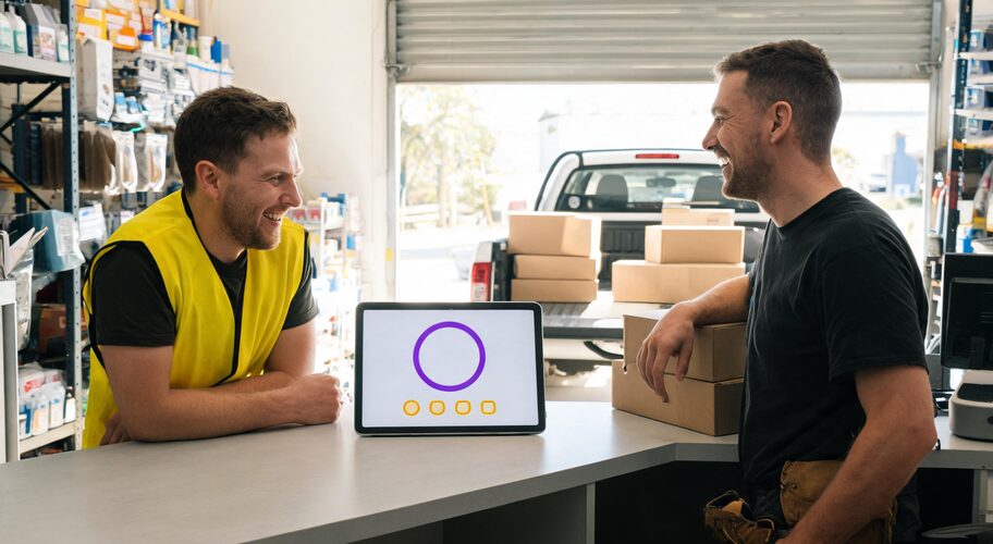 A wholesale sales rep in a hi-vis vest discusses AI for wholesale distributors at the counter of a busy trade supply store, while a tradesman loads boxes of fittings into a ute outside the open roller door.