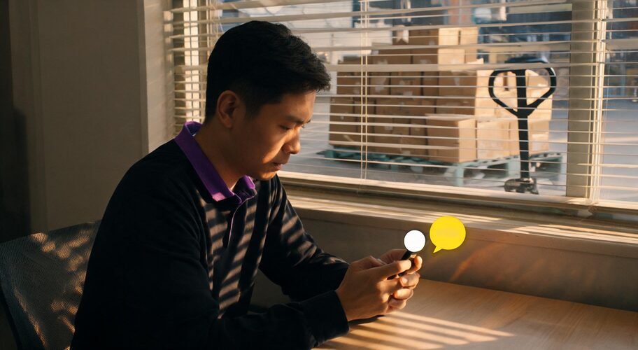 A distribution business owner uses AI for wholesale distributors while reading a text message at a desk in a small warehouse office late in the afternoon, with stacked cartons and a pallet jack visible through the office window.