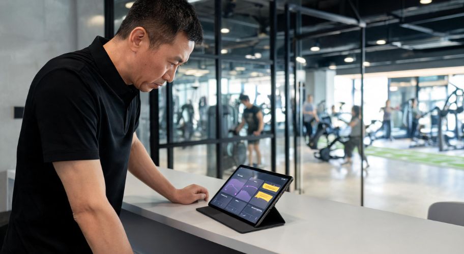 A man in a black shirt leans over a counter, looking at a tablet displaying data about AI for gym membership cancellations.