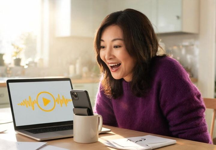 A woman smiles excitedly at a smartphone propped in a mug in front of a laptop displaying a yellow play icon for how to brief an AI partner on your business.