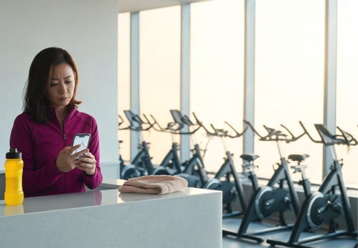 A woman in a magenta athletic jacket stands in a gym, holding a smartphone while using AI for gym membership cancellations.